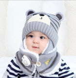 Winter baby boy girls warm cartoon bear Knitted hats with hair ball earbud+neck scarf 2 pcs set for 0-2T baby toddler headdress daiiibabyyy