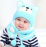 Winter baby boy girls warm cartoon bear Knitted hats with hair ball earbud+neck scarf 2 pcs set for 0-2T baby toddler headdress daiiibabyyy
