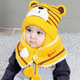 Winter baby boy girls warm cartoon bear Knitted hats with hair ball earbud+neck scarf 2 pcs set for 0-2T baby toddler headdress daiiibabyyy