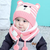 Winter baby boy girls warm cartoon bear Knitted hats with hair ball earbud+neck scarf 2 pcs set for 0-2T baby toddler headdress daiiibabyyy
