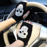 Winter Gloves Women Rhinestone Skull A+ Diamond Crown Half Finger Warm Knitted Black Mittens students Gants Femme daiiibabyyy