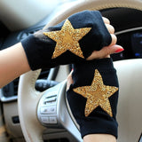 Winter Gloves Women Rhinestone Skull A+ Diamond Crown Half Finger Warm Knitted Black Mittens students Gants Femme daiiibabyyy