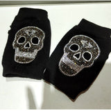 Winter Gloves Women Rhinestone Skull A+ Diamond Crown Half Finger Warm Knitted Black Mittens students Gants Femme daiiibabyyy