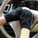 Winter Gloves Women Rhinestone Skull A+ Diamond Crown Half Finger Warm Knitted Black Mittens students Gants Femme daiiibabyyy