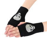 Winter Gloves Women Rhinestone Skull A+ Diamond Crown Half Finger Warm Knitted Black Mittens students Gants Femme daiiibabyyy