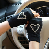 Winter Gloves Women Rhinestone Skull A+ Diamond Crown Half Finger Warm Knitted Black Mittens students Gants Femme daiiibabyyy