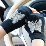 Winter Gloves Women Rhinestone Skull A+ Diamond Crown Half Finger Warm Knitted Black Mittens students Gants Femme daiiibabyyy