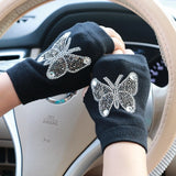 Winter Gloves Women Rhinestone Skull A+ Diamond Crown Half Finger Warm Knitted Black Mittens students Gants Femme daiiibabyyy