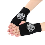 Winter Gloves Women Rhinestone Skull A+ Diamond Crown Half Finger Warm Knitted Black Mittens students Gants Femme daiiibabyyy