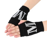 Winter Gloves Women Rhinestone Skull A+ Diamond Crown Half Finger Warm Knitted Black Mittens students Gants Femme daiiibabyyy
