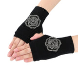 Winter Gloves Women Rhinestone Skull A+ Diamond Crown Half Finger Warm Knitted Black Mittens students Gants Femme daiiibabyyy
