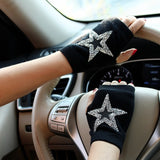 Winter Gloves Women Rhinestone Skull A+ Diamond Crown Half Finger Warm Knitted Black Mittens students Gants Femme daiiibabyyy