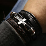 3 Pcs/Set Leather Bracelets Men Bangles For Women Wood Beads Feather TRUST IN GOD Cross Charm Homme Gift Jewelry Freely Shipping daiiibabyyy