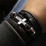 3 Pcs/Set Leather Bracelets Men Bangles For Women Wood Beads Feather TRUST IN GOD Cross Charm Homme Gift Jewelry Freely Shipping daiiibabyyy