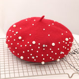 Pearl Beret Hat for Women Cashmere Winter Retro French Winter Black Red French Artist Flat Fashion Red Yellow Lady Vintage Cap daiiibabyyy