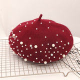 Pearl Beret Hat for Women Cashmere Winter Retro French Winter Black Red French Artist Flat Fashion Red Yellow Lady Vintage Cap daiiibabyyy
