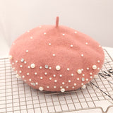 Pearl Beret Hat for Women Cashmere Winter Retro French Winter Black Red French Artist Flat Fashion Red Yellow Lady Vintage Cap daiiibabyyy