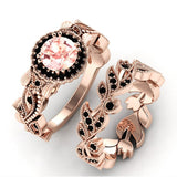 FDLK      New Design Women Rose Gold Flower Leaves Inlaid Powder Zircon Ring Bride Engagement Wedding Jewelry Ring Set daiiibabyyy