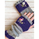 Embroidery Birds Gloves Cotton Fingerless Glove for Women Knitted Block Splice Mittens Womens Girls Gloves Without Fingers daiiibabyyy