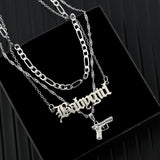 Flatfoosie Punk Hip Hop Silver Color Pistol Pendant Necklace Women Multilayer Babygirl Letter Clavicle Chain Necklace Jewelry