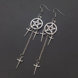 Pentagram Swords Earrings Silver Plated Huggie Hoops Dangle Witchy Jewelry Pagan Wiccan Tarot Gothic Emo Women Gift daiiibabyyy