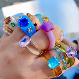 2021 New Korean Vintage Aesthetic Colorful Acrylic Rhinestone Resin Ring Geometry Simple Rings Set For Women Girls Jewelry Gifts daiiibabyyy