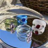 2021 New Korean Vintage Aesthetic Colorful Acrylic Rhinestone Resin Ring Geometry Simple Rings Set For Women Girls Jewelry Gifts daiiibabyyy