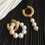 XIALUOKE Punk Metal Stainless Golden Round Earclip Earrings For Women Fashion Vintage Freshwater Pearls Drop Earrings Jewelry A8 daiiibabyyy