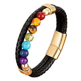 Natural Round Chakra Bead Stone Men's Bracelet Classic Black Genuine Leather Stainless Steel Bangles Women  Fashion Jewelry daiiibabyyy