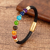 Natural Round Chakra Bead Stone Men's Bracelet Classic Black Genuine Leather Stainless Steel Bangles Women  Fashion Jewelry daiiibabyyy