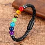 Natural Round Chakra Bead Stone Men's Bracelet Classic Black Genuine Leather Stainless Steel Bangles Women  Fashion Jewelry daiiibabyyy