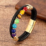 Natural Round Chakra Bead Stone Men's Bracelet Classic Black Genuine Leather Stainless Steel Bangles Women  Fashion Jewelry daiiibabyyy