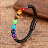 Natural Round Chakra Bead Stone Men's Bracelet Classic Black Genuine Leather Stainless Steel Bangles Women  Fashion Jewelry daiiibabyyy