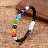 Natural Round Chakra Bead Stone Men's Bracelet Classic Black Genuine Leather Stainless Steel Bangles Women  Fashion Jewelry daiiibabyyy