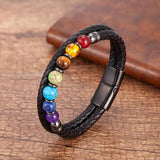 Natural Round Chakra Bead Stone Men's Bracelet Classic Black Genuine Leather Stainless Steel Bangles Women  Fashion Jewelry daiiibabyyy