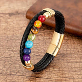 Natural Round Chakra Bead Stone Men's Bracelet Classic Black Genuine Leather Stainless Steel Bangles Women  Fashion Jewelry daiiibabyyy
