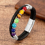 Natural Round Chakra Bead Stone Men's Bracelet Classic Black Genuine Leather Stainless Steel Bangles Women  Fashion Jewelry daiiibabyyy