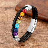 Natural Round Chakra Bead Stone Men's Bracelet Classic Black Genuine Leather Stainless Steel Bangles Women  Fashion Jewelry daiiibabyyy