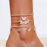 Fashion Pink Butterfly Anklets Set For Women Cute Gold Letter Angel Chain Anklet Foot Ankle Bracelet Summer Beach Jewelry daiiibabyyy