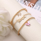 Fashion Pink Butterfly Anklets Set For Women Cute Gold Letter Angel Chain Anklet Foot Ankle Bracelet Summer Beach Jewelry daiiibabyyy