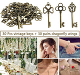 30Pcs Flying Keys DIY Handmade Accessories with Dragonfly Wing Charms Vintage Bronze Skeleton Key Party Wedding Favors Supplies daiiibabyyy
