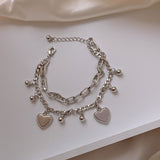Hip Hop Cool Double Layered Linked Chain Heart Bracelets for Women Silver Color Metal Beads Charm Bracelet Street Style Jewelry daiiibabyyy