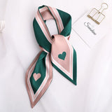 Sweet Love Print Women Small Silk Scarf Handle Bag Ribbons Female Head Scarves Sharp angle Green  90*10cm daiiibabyyy