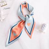 Sweet Love Print Women Small Silk Scarf Handle Bag Ribbons Female Head Scarves Sharp angle Green  90*10cm daiiibabyyy