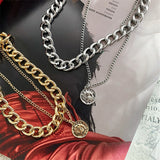 Retro Portrait Exaggerated Thick Chain Necklace Double Layer Cool Chain Hip Hop Necklace Short Clavicle Chain Accessories daiiibabyyy