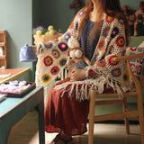 2021 Pure Handmade Retro Mori Girl Mori Arts Fan Knit Hollow Scarf Shawl Original Triangle Scarf Tassel Cape daiiibabyyy
