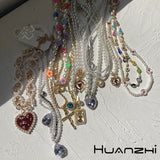 HUANZHI Vintage Sweet Choker Weave Pearls Choker Red Heart Colorful Beaded Irregular Flowers Rhinestone Necklace for Women daiiibabyyy