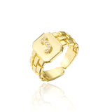 New Trendy Gold Color Initial Ring For Women Girl AAA+ Cubic Zirconia A-Z Watchband Square Letter Open Ring Female Jewelry Gift daiiibabyyy