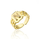 New Trendy Gold Color Initial Ring For Women Girl AAA+ Cubic Zirconia A-Z Watchband Square Letter Open Ring Female Jewelry Gift daiiibabyyy