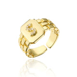 New Trendy Gold Color Initial Ring For Women Girl AAA+ Cubic Zirconia A-Z Watchband Square Letter Open Ring Female Jewelry Gift daiiibabyyy